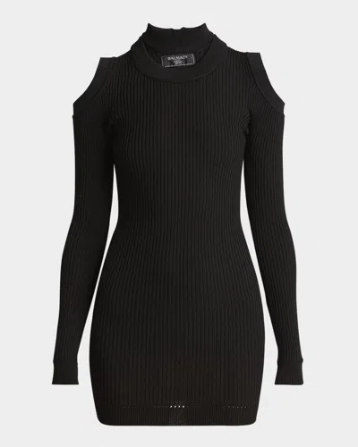 Balmain Shoulder Cutout Long Sleeve Rib Sweater Minidress In 0pa Black