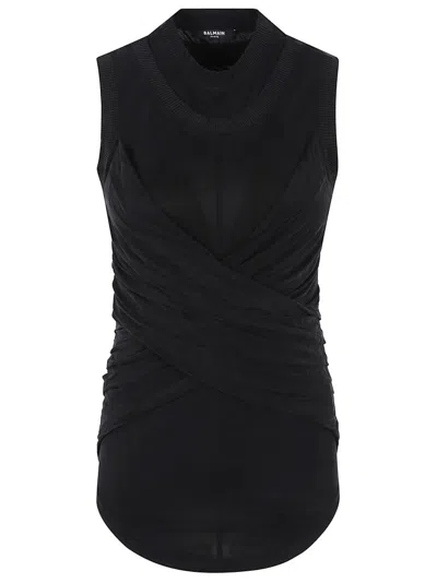 Balmain Sl Double Collar Twisted Tank Top In Black