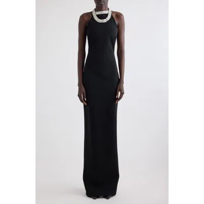 BALMAIN BALMAIN DOUBLE CRYSTAL COLLAR HALTER NECK GOWN