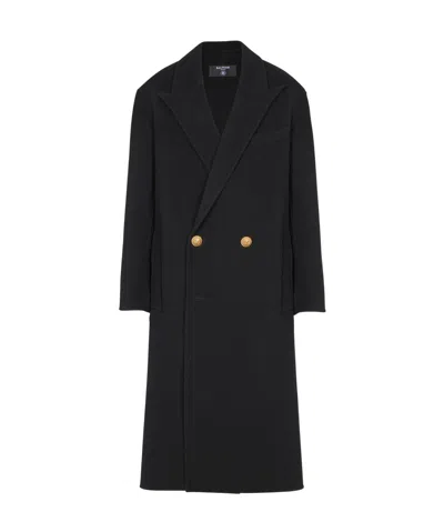 Balmain Double Sided Wool Long Coat In Black