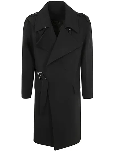 Balmain Belted Wool Trench Coat In Black