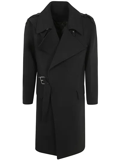 Balmain Belted Wool Trench Coat In Black