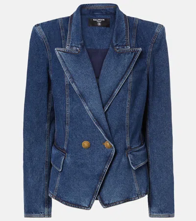 Balmain Double-breasted Denim Blazer In Blue