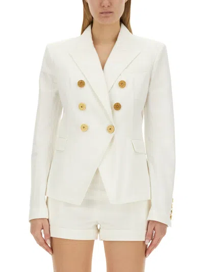 Balmain Double-breasted Denim Blazer In White