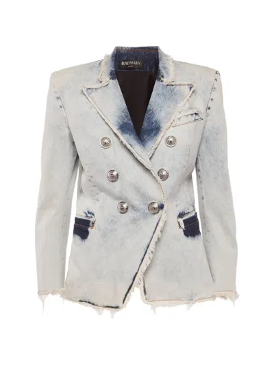 Pre-owned Balmain Double-breasted Denim Jacket In Blue