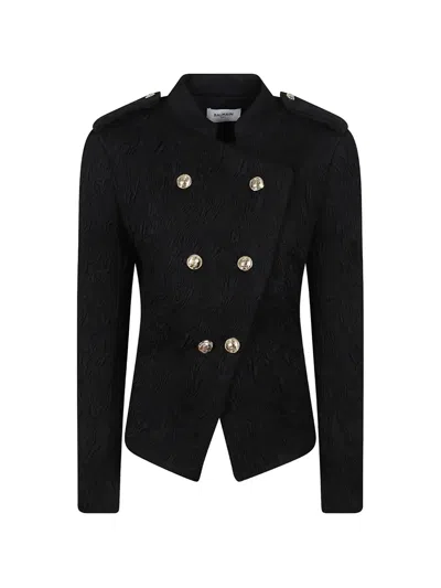 Balmain Double-breasted Jacquard Jacket In Black