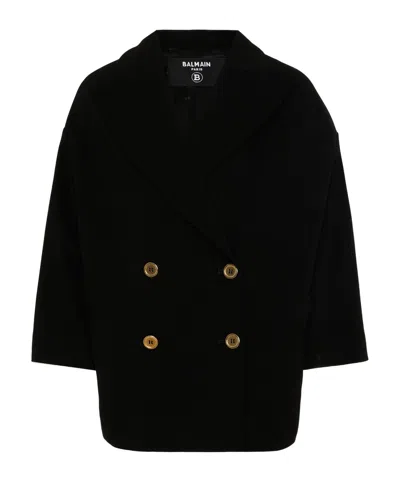Balmain Double-breasted Logo-plaque Jacket In Black