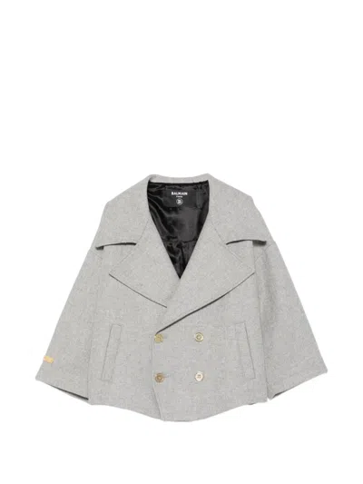 Balmain Double-breasted Logo-plaque Wool Blazer In Gray