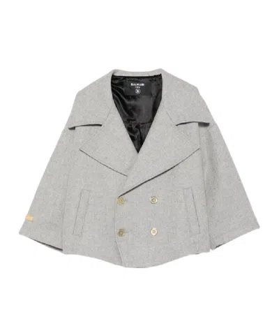 Balmain Double-breasted Logo-plaque Wool Blazer In Gray