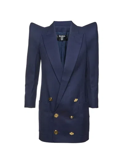 Pre-owned Balmain Double-breasted Long-sleeve Wool Blazer In Blue