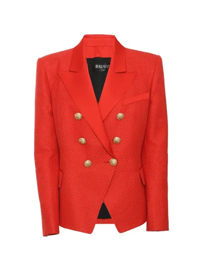 Pre-owned Balmain Double-breasted Textured Blazer In Red