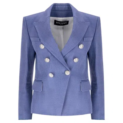 Pre-owned Balmain Double-breasted Textured Blazer In Purple