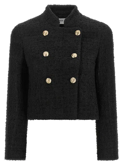 Balmain Double-breasted Tweed Blazer In Black