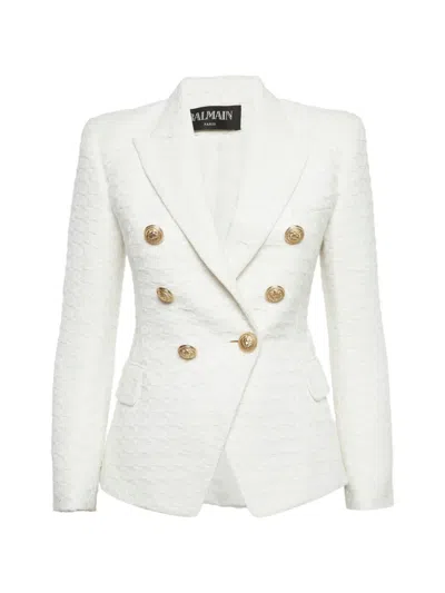 Pre-owned Balmain Double-breasted Tweed Blazer In White