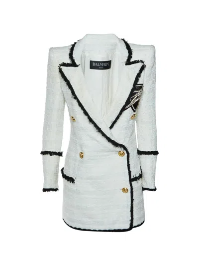 Pre-owned Balmain Double-breasted Tweed Mini Dress In White