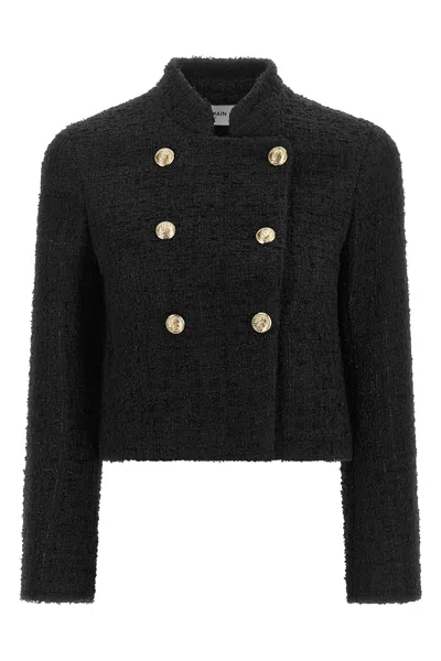 Balmain Double-breasted Tweed Short Jacket In Black