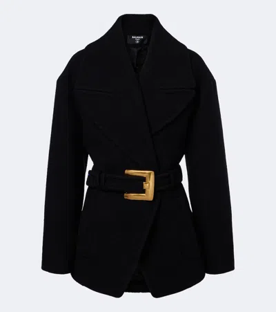 Balmain Double-breasted Virgin Wool Coat In Black