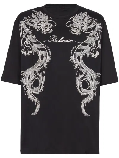 Balmain Dragon-embroidered Cotton T-shirt In Black