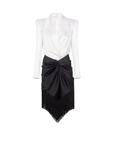 Balmain Draped And Fringed Satin Tailored Dress In Multi
