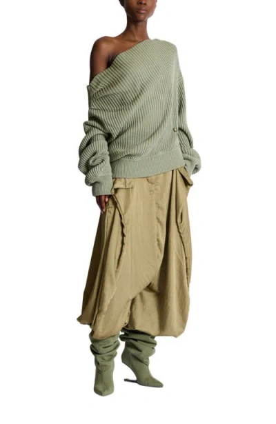 Balmain Draped Asymmetrical Jumper In Ribbed Silk Knit In Green