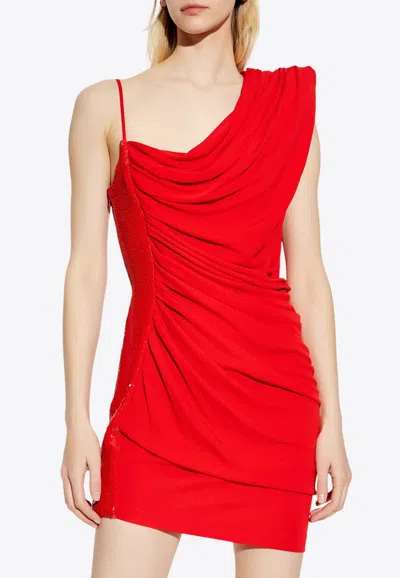 Balmain Draped Asymmetrical Sequined Mini Dress In Red