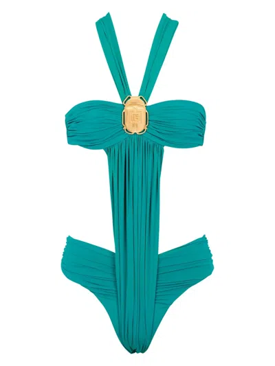 Balmain Draped Beetle-detail Swimsuit In Green