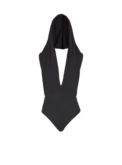 Balmain Draped Bodysuit With Hood In Black