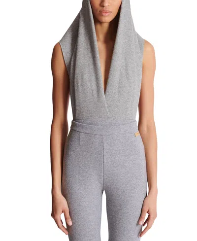 Balmain Hooded Open-back Draped Wool-blend Jersey Bodysuit In Gray