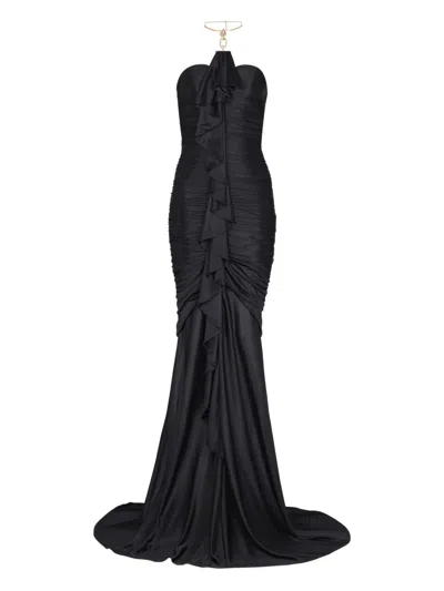 Balmain Gathered Ruffle Chain Halter Mermaid Gown In Black