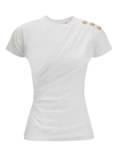 Balmain Cotton T-shirt With Button Detail And Draped Design In White