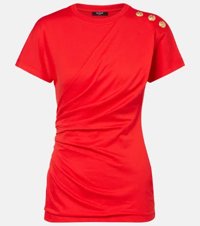 Balmain Draped Cotton Jersey T-shirt In Red