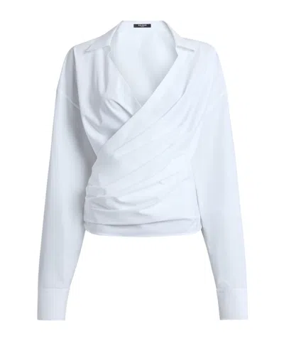 Balmain Draped Cotton Poplin Shirt In White