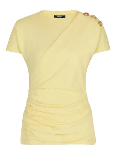 Balmain Draped T-shirt With Buttons In Yellow
