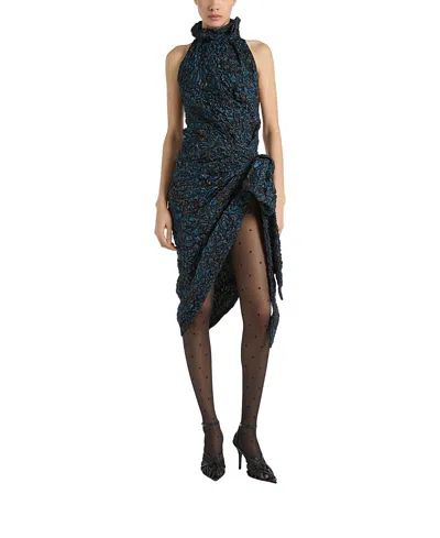 Balmain Draped Dress In Cloqu Jacquard In Blue
