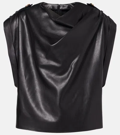 Balmain Cropped Eco-leather Draped Top In Black