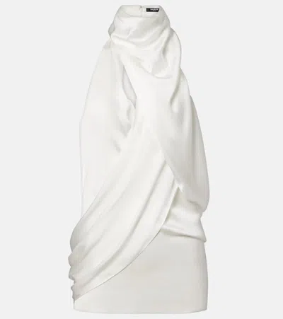 Balmain Draped Halterneck Silk Top In White