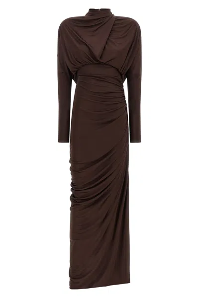 Balmain Draped Jersery Dress In Brown