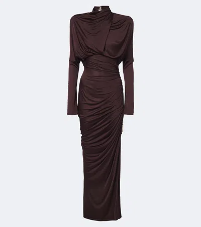 Balmain Draped Jersey Turtleneck Maxi Dress In Brown
