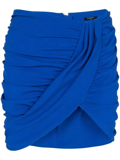 Balmain Draped Jersey Mini Skirt In Blue