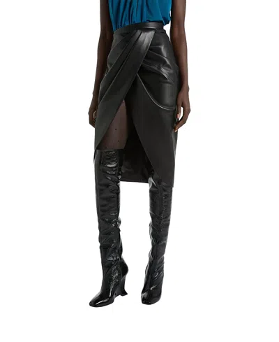 Balmain Draped Lambskin Midi Skirt In Black