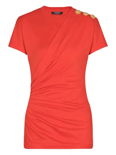 Balmain Draped Lion-head Button T-shirt In Red