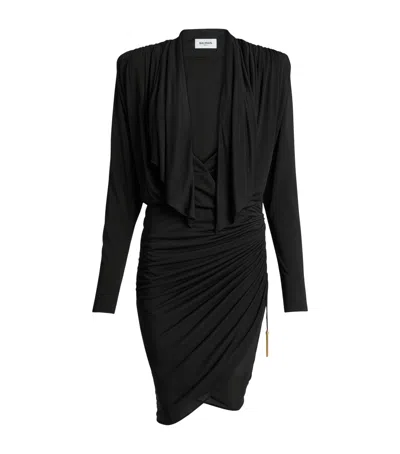 Balmain Draped Long-sleeve Mini Dress In Black