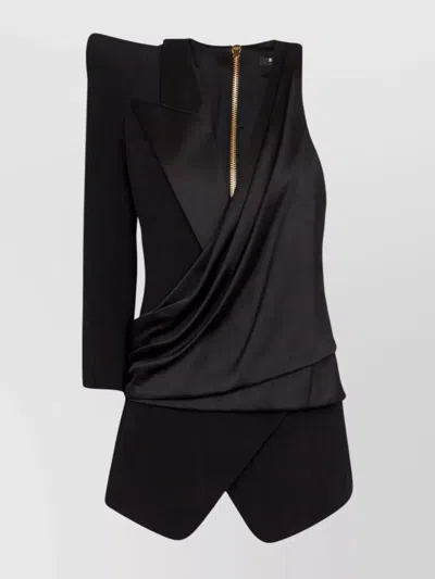BALMAIN DRAPED ONE SLEEVE V-NECK TOP