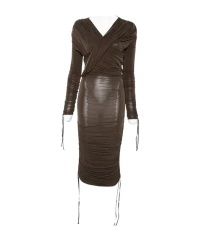 Balmain Draped Ruched Dress In Brown