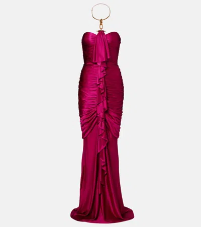 Balmain Draped Ruffled Satin Bustier Gown In Red