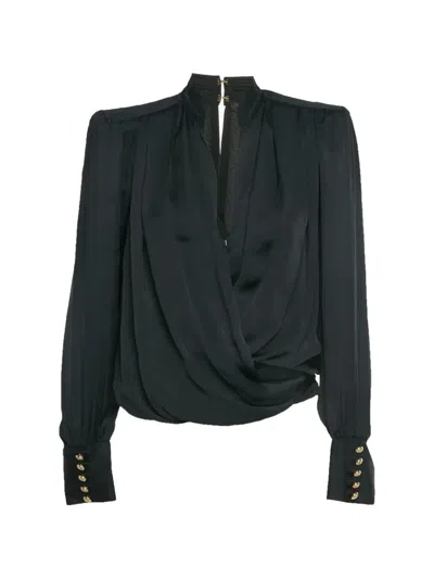 Pre-owned Balmain Draped Satin Blouse In Black