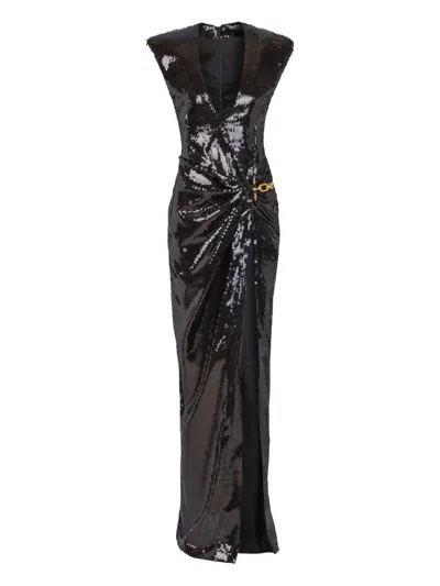 Balmain Long Draped Sequin Dress With Embellished Detail In Black
