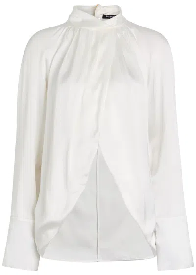 Balmain High Neck Long Sleeve Silk Blend Top In White