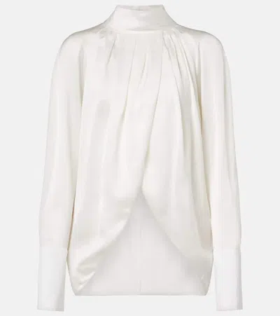 Balmain High Neck Long Sleeve Silk Blend Top In White