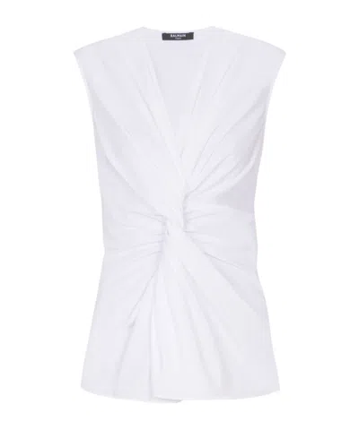 Balmain Draped Sleeveless Cotton Poplin Shirt In White